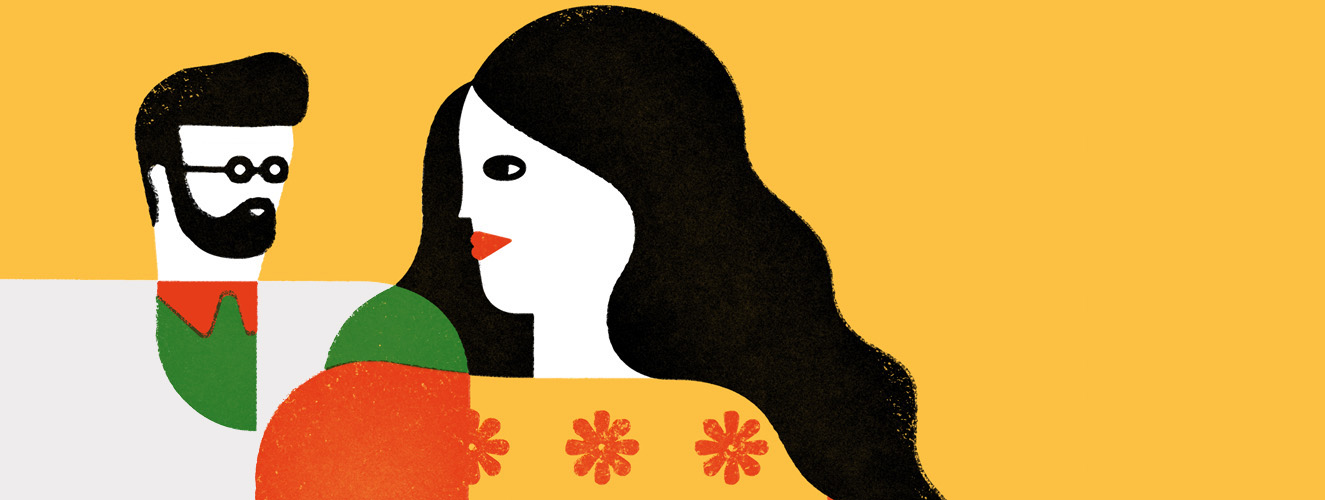 Die Illustration zeigt eine Frau mit langen, schwarzen Haaren, die verliebt zu ihrem Therapeuten schaut