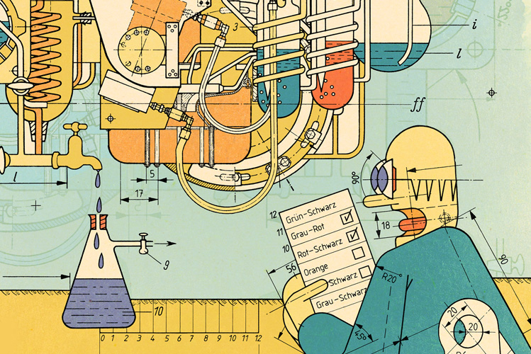 Die Illustration zeigt einen Mann, der verzweifelt in einem Labor vor einer sehr großen Maschine sitzt, die Anleitung in der Hand