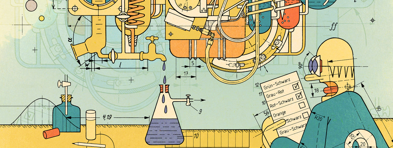 Die Illustration zeigt einen Mann, der verzweifelt in einem Labor vor einer sehr großen Maschine sitzt, die Anleitung in der Hand
