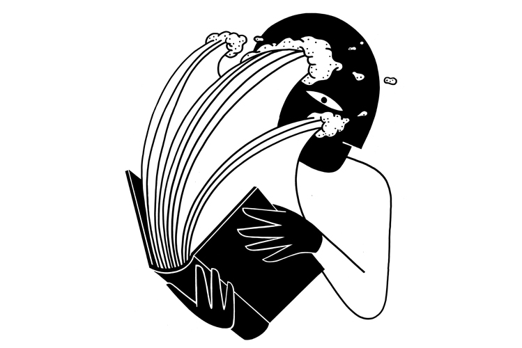 Die Illustration zeigt einen Menschen, der ein Buch in der Hand hält, aus dem eine Riesenwelle schwappt