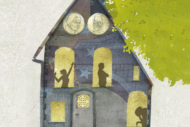 Die Illustration zeigt ein großes Haus mit einem Baum daneben, darin sind die alten Eltern im Obergeschoss und die erwachsenen Kinder im Haus verstreut, die sich nicht einig sind
