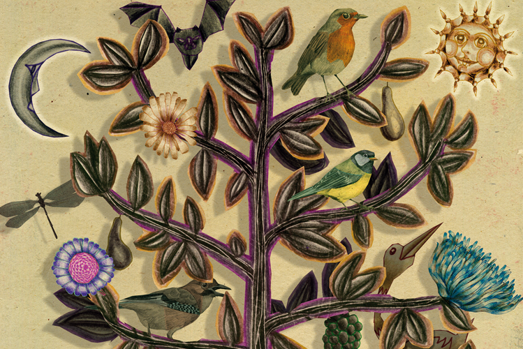 Die Illustration zeigt einen großen Baum mit Vögeln und Blumen daneben Sonne und Mond