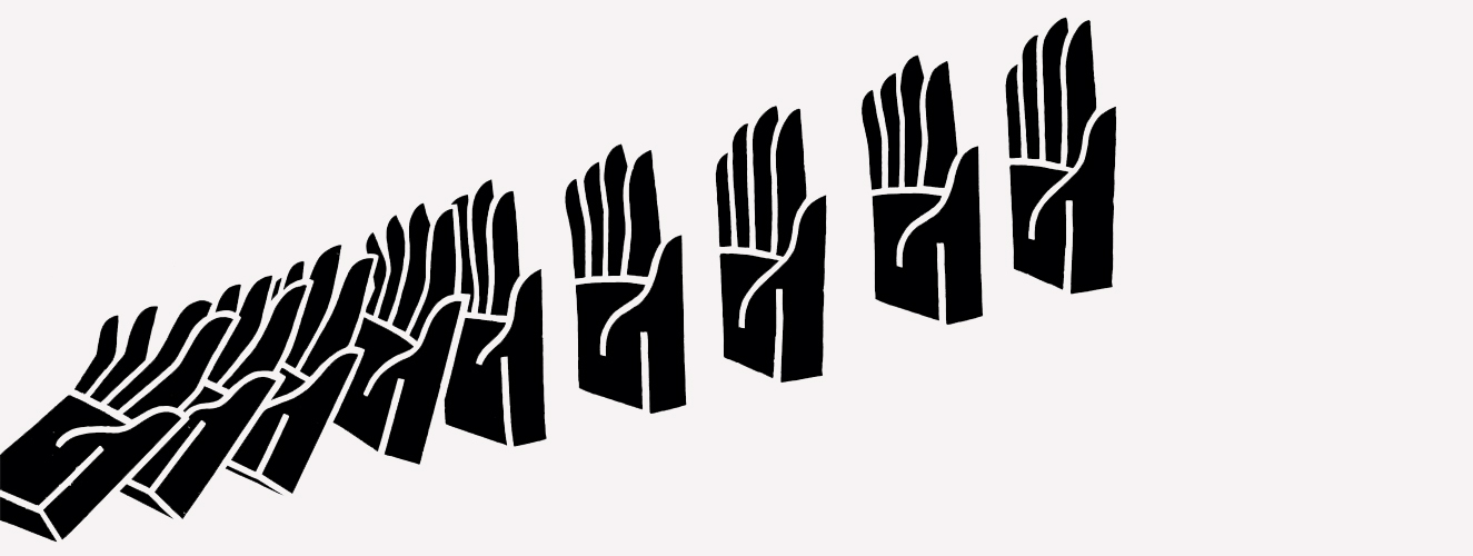 Die Illustration zeigt schwarze Hände, die in einer Domino-Reihe stehen, wobei die ersten Hände umfallen und die dahinterstehenden mitreißen