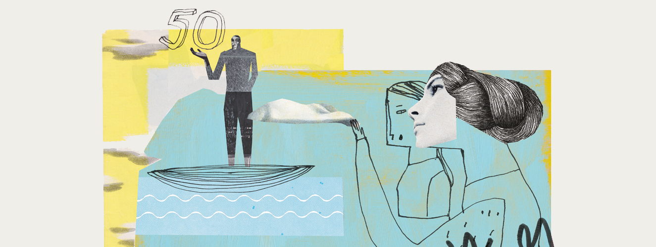 Die Illustration zeigt eine Frau, die melancholisch einem 50. Geburtstag, auf ein Boot im Wasser treibt, mit einem weißen Tuch winkt