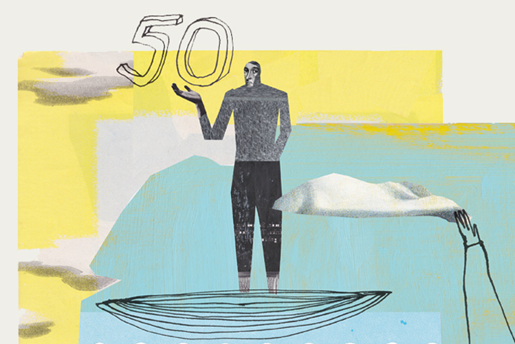Die Illustration zeigt eine Frau, die melancholisch einem 50. Geburtstag, auf ein Boot im Wasser treibt, mit einem weißen Tuch winkt