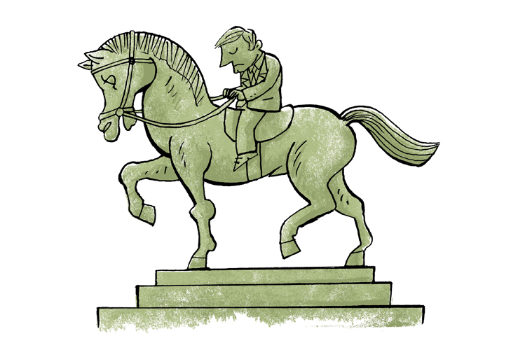 Die Illustration zeigt einen Mann mit Anzug und gesenktem Kopf als traurige und einsame Heldenstatue auf Pferd 