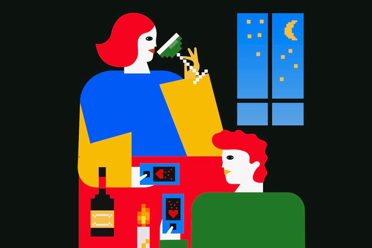 Die Illustration zeigt eine Frau und einen Mann, die abends an einem Tisch mit Kerze sitzen, dabei Smartphones in den Händen halten und Wein und Cocktail genießen