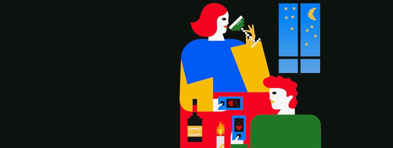 Die Illustration zeigt eine Frau und einen Mann, die abends an einem Tisch mit Kerze sitzen, dabei Smartphones in den Händen halten und Wein und Cocktail genießen