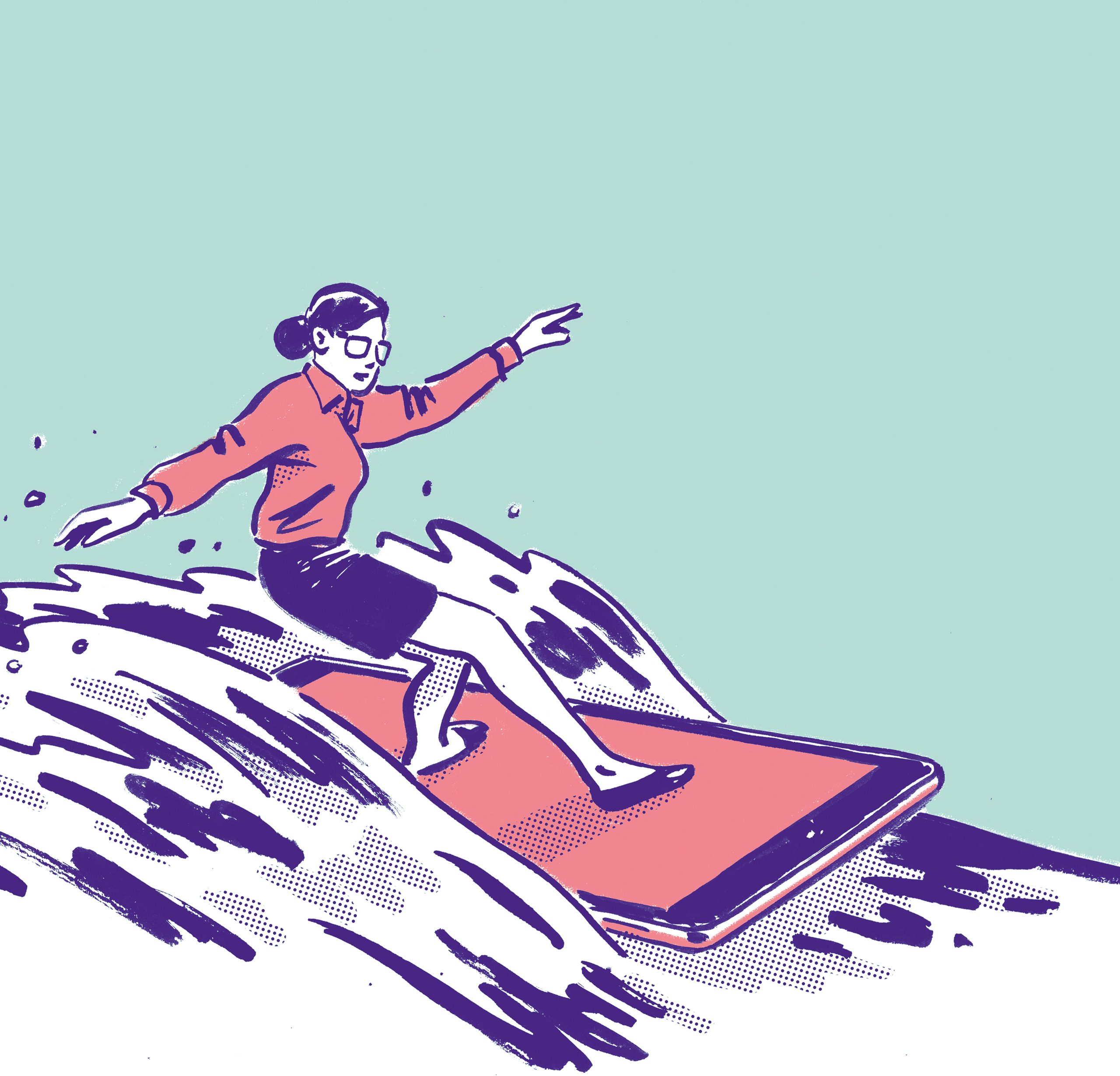 Eine Frau im Business-Look surft lässig auf einem Smartphone als Surfbrett auf einer großen Welle