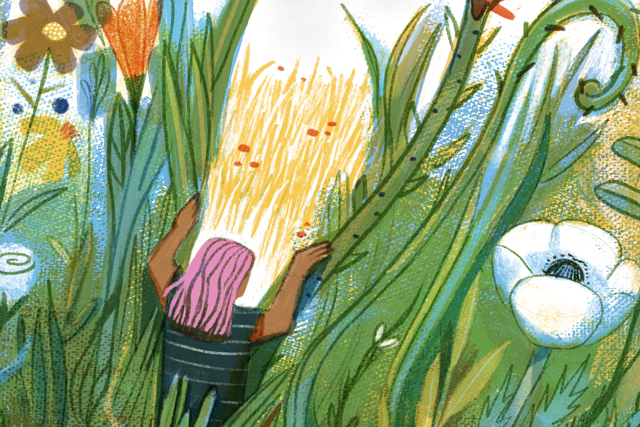 Die Illustration zeigt einen Mann mit einer Gießkanne in der Hand in einem schönen Garten