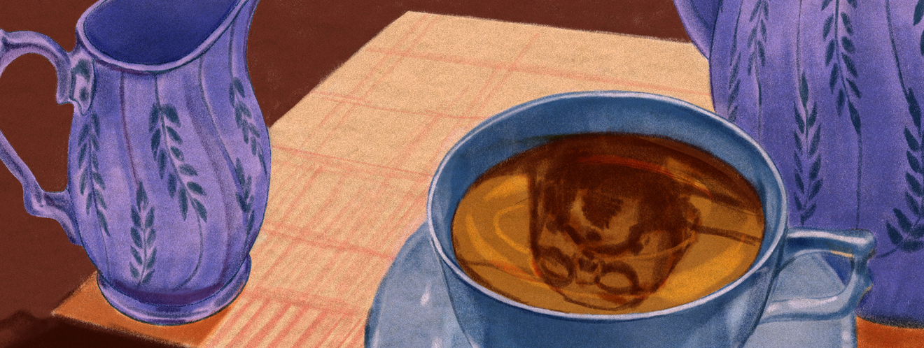 Die Illustration zeigt einen Kaffeetisch, auf dem zwei Tassen stehen, in denen sich Gesichter spiegeln