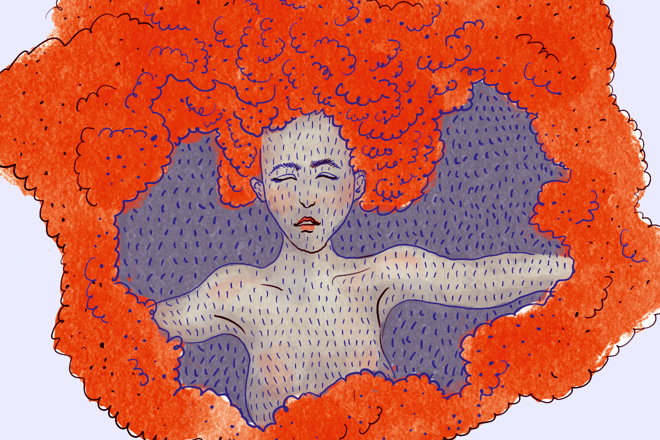 Die Illustration zeigt eine nackte Frau mit einem roten Gebilde als Haare, das um sie herumwuchert