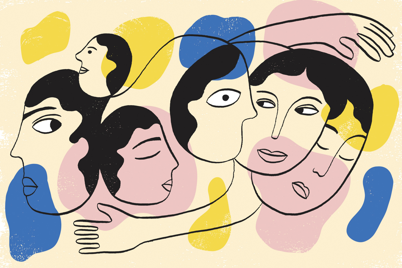 Die Illustration zeigt verschiedene Köpfe, die verschiedene Gefühle ausdrücken und zwei Arme, die in entgegengesetzte Richtungen zeigen