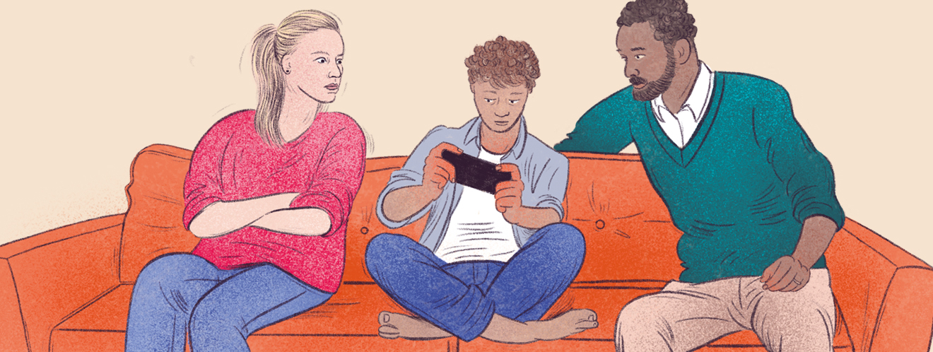 Die Illustration zeigt einen Teenager-Sohn mit dem Smartphone im Schneidersitz sitzend auf dem Sofa, daneben seine Eltern, die skeptisch schauen