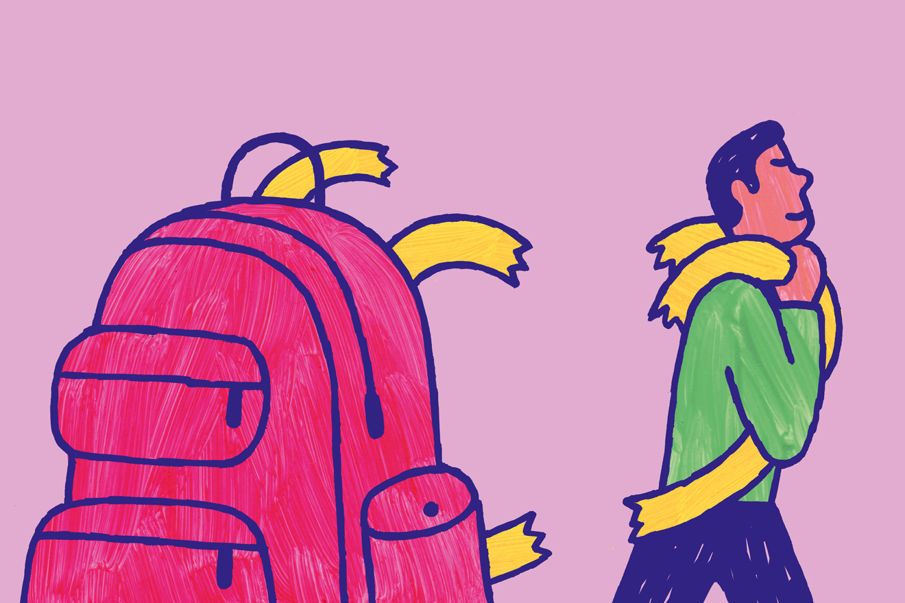 Die Illustration zeigt einen Mann, dessen Rucksackträger gerissen sind, und er geradewegs weiterläuft und den großen Rucksack stehen lässt