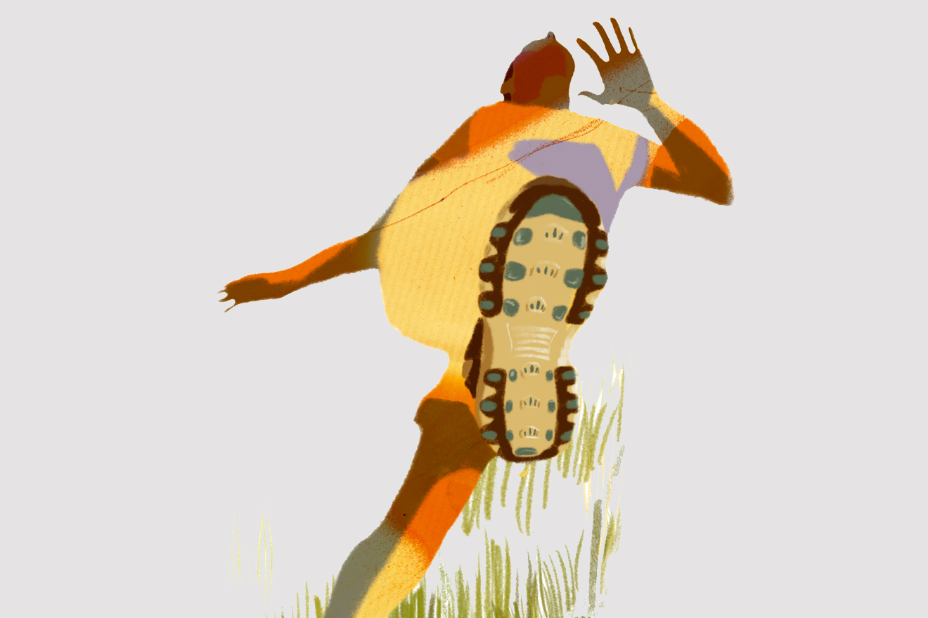 Die Illustration zeigt einen Mann, der im Fußball-Outfit im Gras voller Einsatz spielt