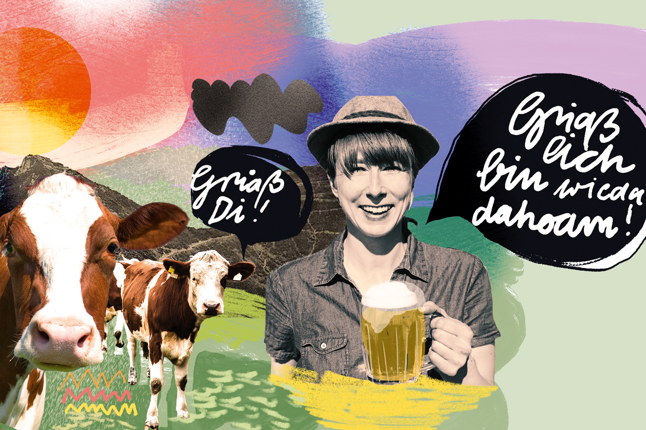 Die Illustration zeigt eine Wiese in Bayern mit Kühen und einer Frau mit Hut, die ein großes Bierglas in der Hand hält und lächelt
