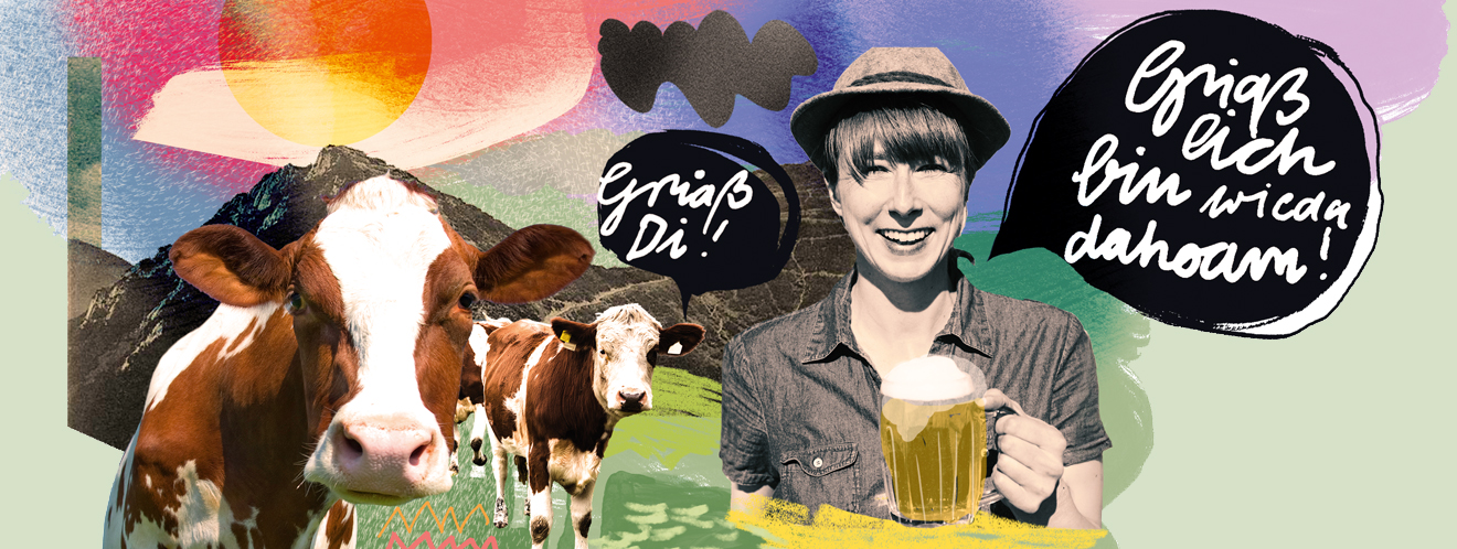 Die Illustration zeigt eine Wiese in Bayern mit Kühen und einer Frau mit Hut, die ein großes Bierglas in der Hand hält und lächelt