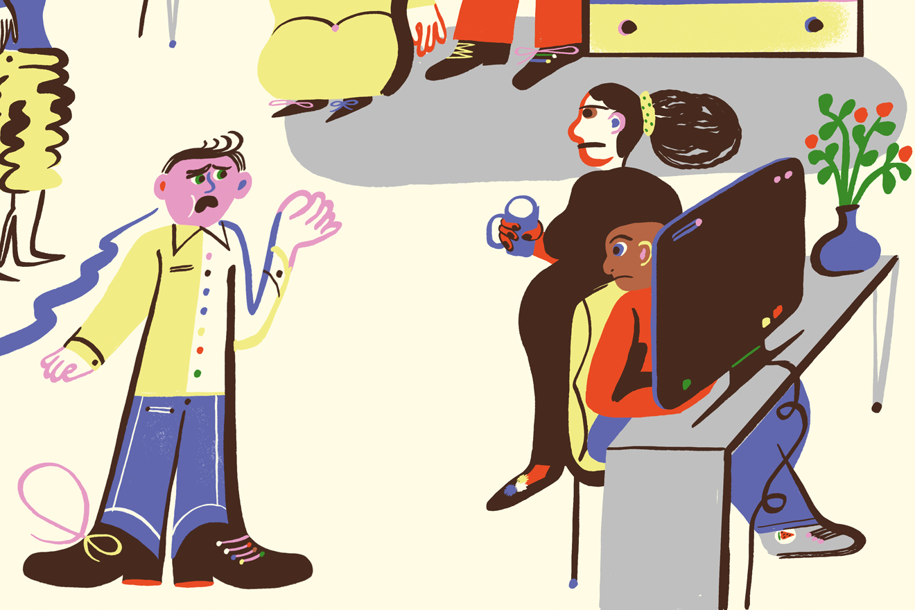 Die Illustration zeigt einen Mann in einem Büro, der gestresst wirkt, und mit einer Kollegin redet, die ihn unfreundlich anschaut mit einer Tasse in der Hand