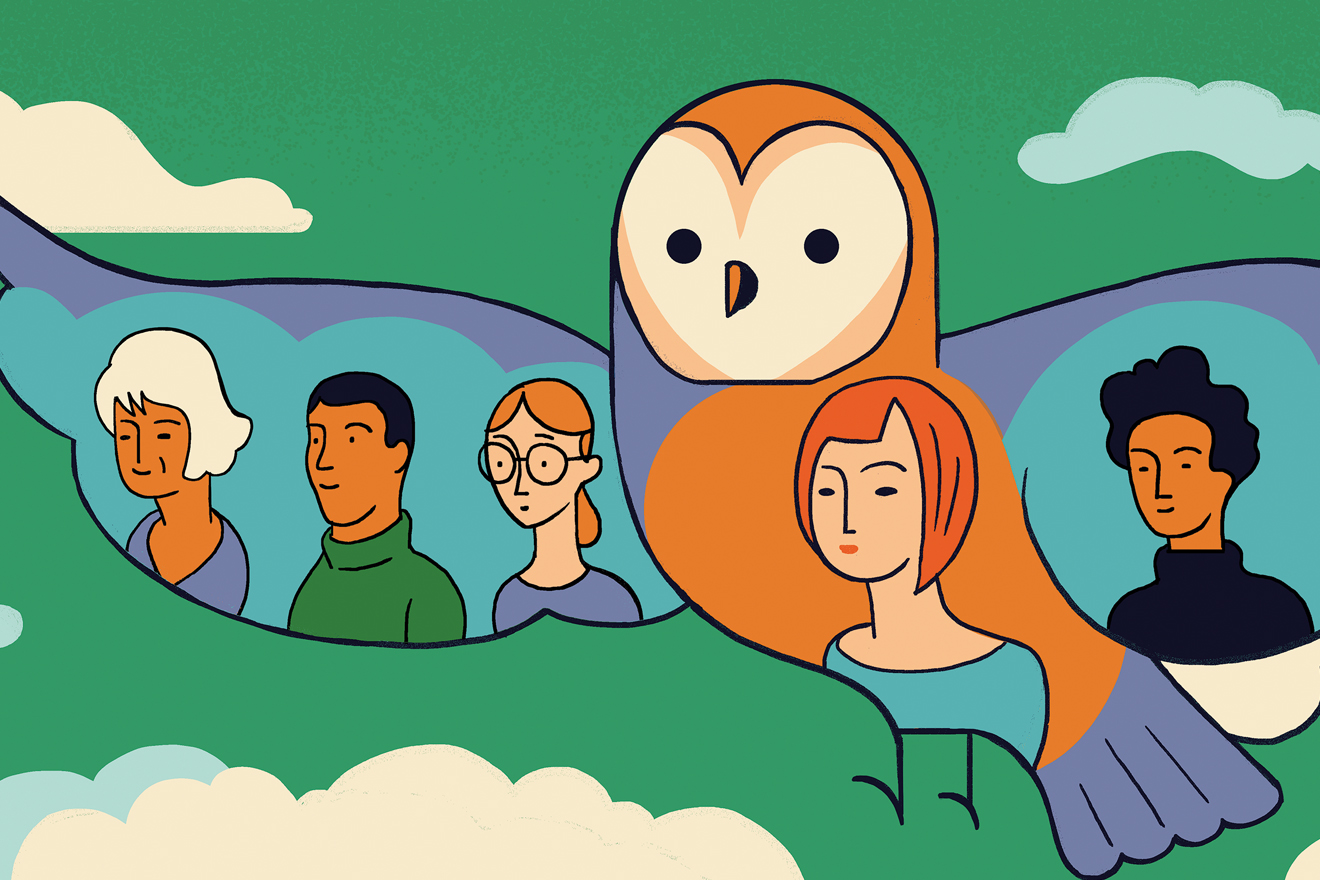 Die Illustration zeigt eine Eule in den Wolken, in der Flügel mehrere Personen zu sehen sind