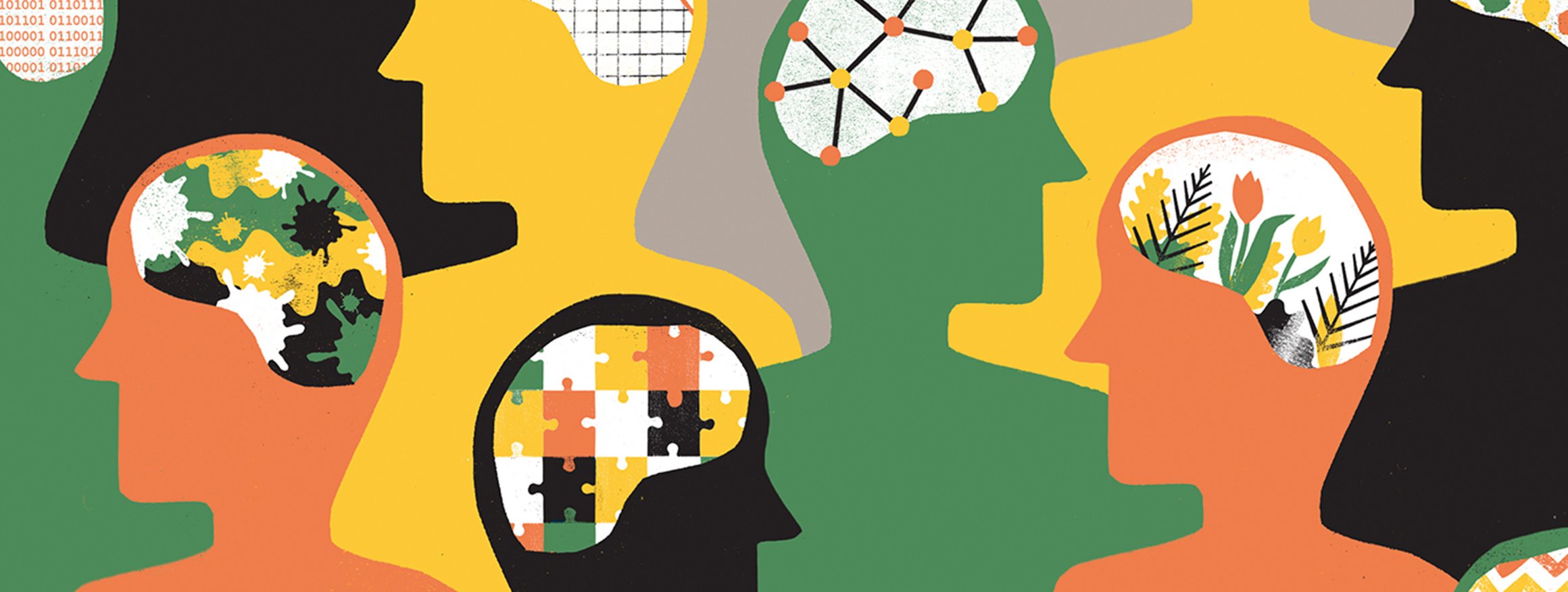 Die Illustration zeigt bunte Silhouetten, in deren Köpfen Blumen, Zahlen, Diagramme oder Puzzleteile zu sehen sind.