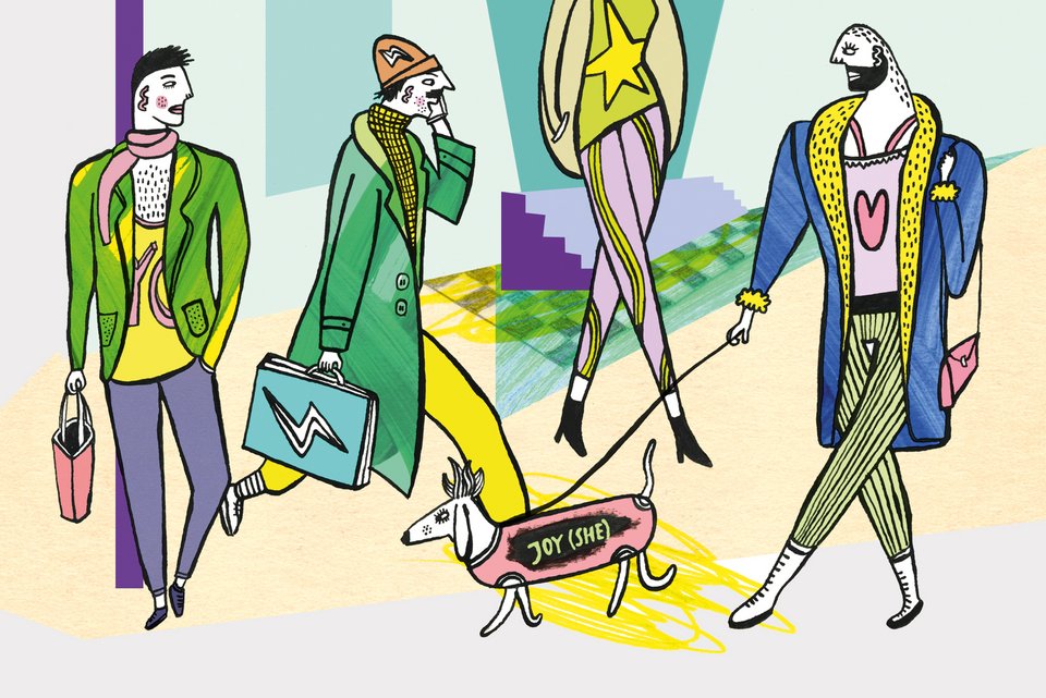 Die Illustration zeigt eine Gruppe von stylischen Menschen, die auf der Straße laufen, dabei ist auch ein Hund in einer Hundejacke