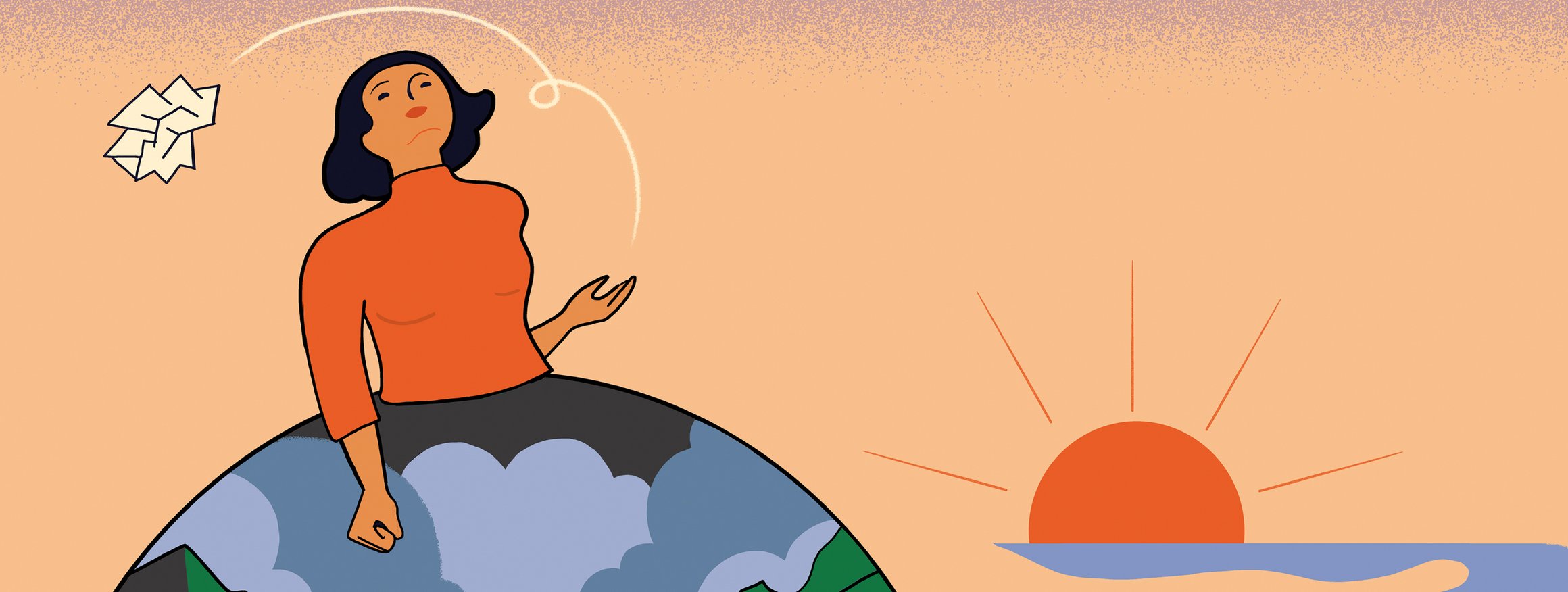 Die Illustration zeigt eine Frau, die ein Papier zerknüllt und wegwirft, deren Rock aus einer Landschaft mit Bergen, Wasser und einen Schiff besteht, dabei sieht man halb die Sonne
