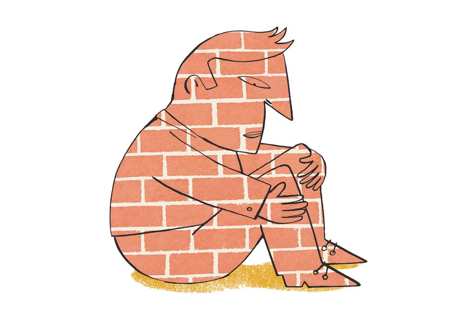 Die Illustration zeigt einen Mann aus Backsteinen, der traurig auf dem Boden sitzt und von einem Familiengeheimnis belastet wird