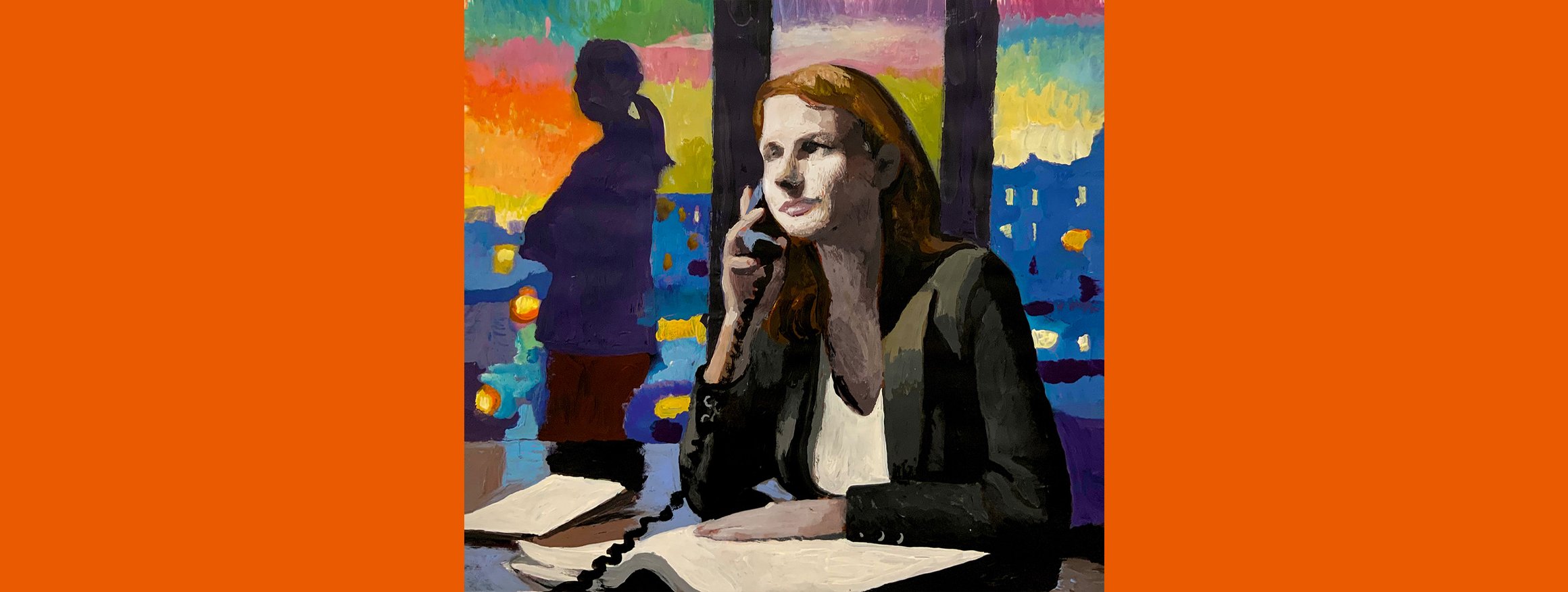 Die Illustration von Andrea Ventura zeigt eine Frau an einem Tisch, die telefoniert, während dahinter am Fenster eine andere Frau steht