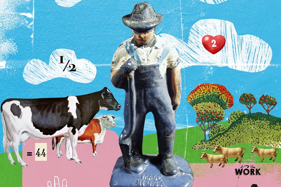 Die Illustration zeigt eine Bauernfigur, die in einer Landschaft steht, um sie herum Kühe und darüber ein blauer Himmel mit weißen Wolken