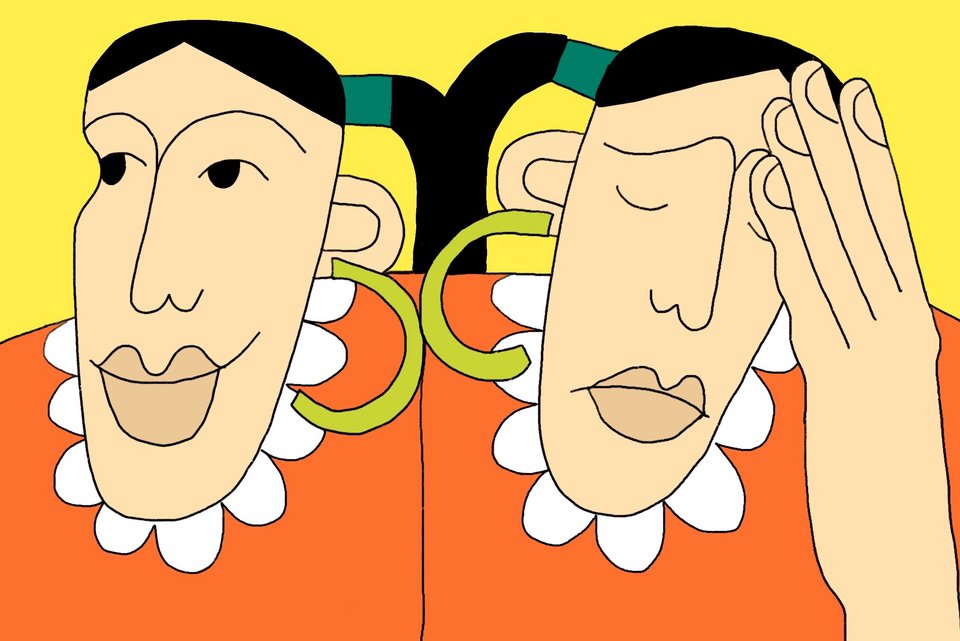 Die Illustration zeigt eine Frau, die auf der einen Seite glücklich und auf der anderen Seite traurig ist