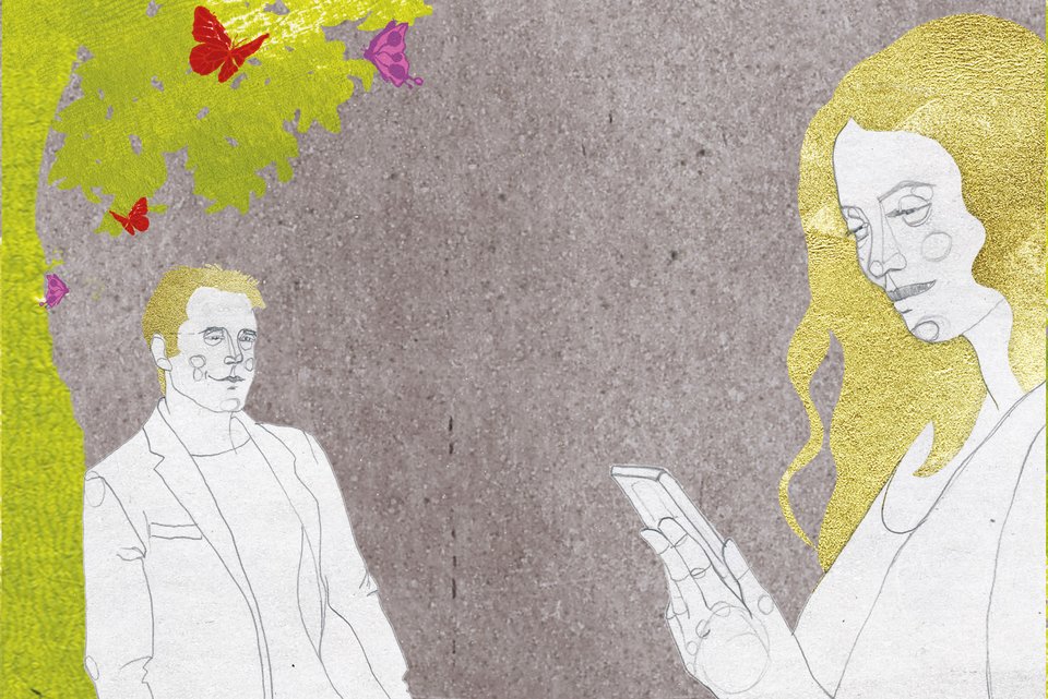 Die Illustration zeigt einen Mann und eine Frau, deren ganze Aufmerksamkeit bei ihrem Smartphone ist.