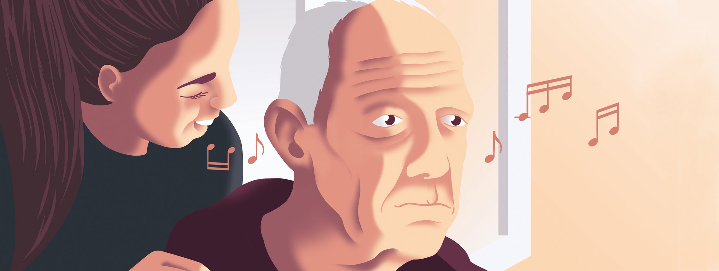Die Illustration zeigt eine junge Frau, die einem alten pflegebedürftigen Mann ein Lied singt und Noten durch die Luft wehen