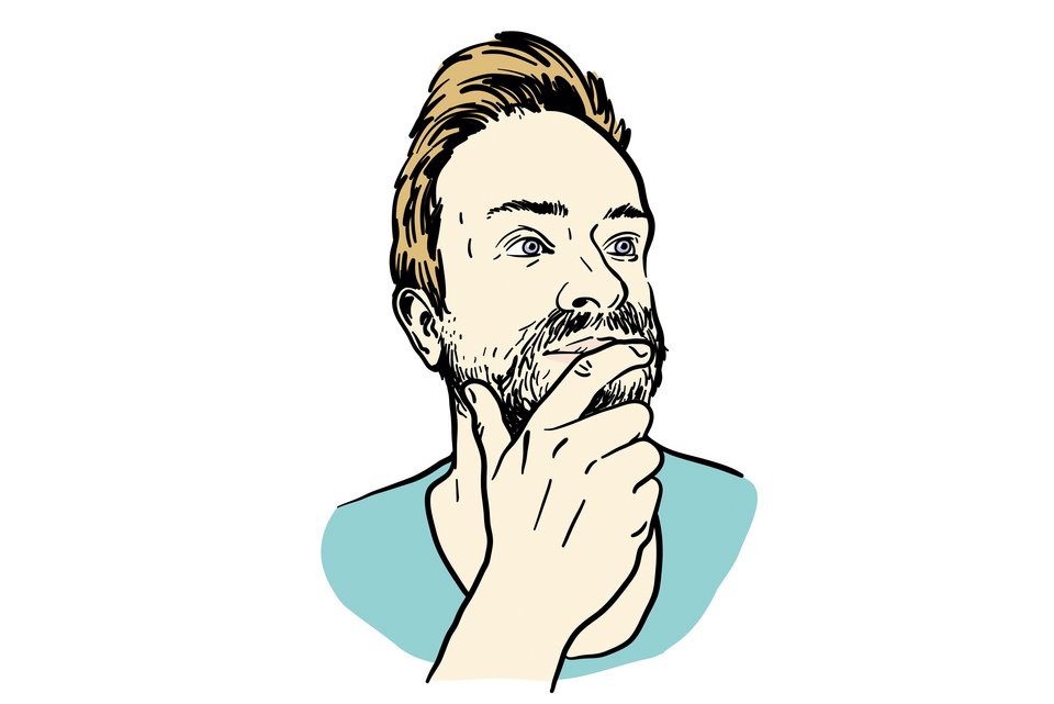 Die Illustration zeigt einen jungen Mann mit Bart, der sich nachdenklich unbewusst mit seiner Hand am Kinn berührt