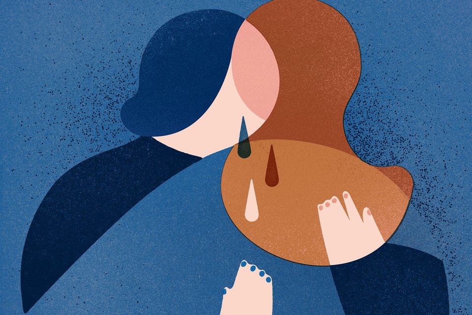 Die Illustration zeigt zwei Personen, die sich weinend und in Trauer umarmen