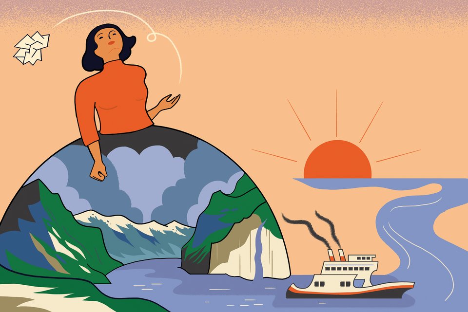 Die Illustration zeigt eine Frau, die ein Papier zerknüllt und wegwirft, deren Rock aus einer Landschaft mit Bergen, Wasser und einen Schiff besteht, dabei sieht man halb die Sonne