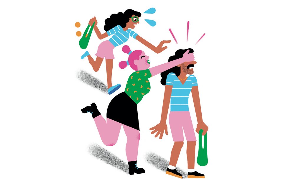 Die Illustration zeigt einen  erschrockenen Mann, der von einer Frau überrascht wird, die ihm von hinten mit ihren Händen die Augen zuhält, dabei kommt aufgebracht eine andere Frau dazu