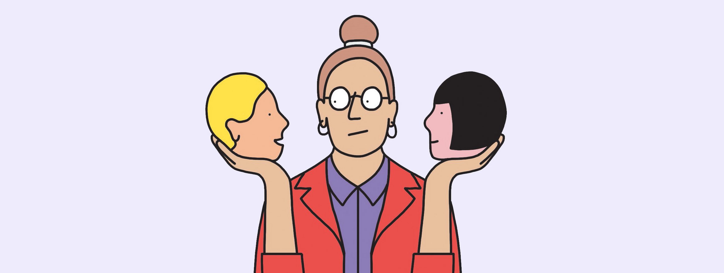 Die Illustration zeigt eine Frau, die je einen Kopf eines Freundes in der Hand hält, die ihr raten und Tipps geben, dahinter verbergen sich jedoch unerwünschte Motive