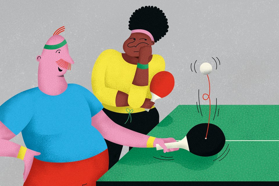 Die Illustration zeigt einen Mann am Pingpong-Tisch, der angeregt spricht und dabei Ping-Pong mit sich selbst spielt, während seine Spielpartnerin gelangweilt schaut