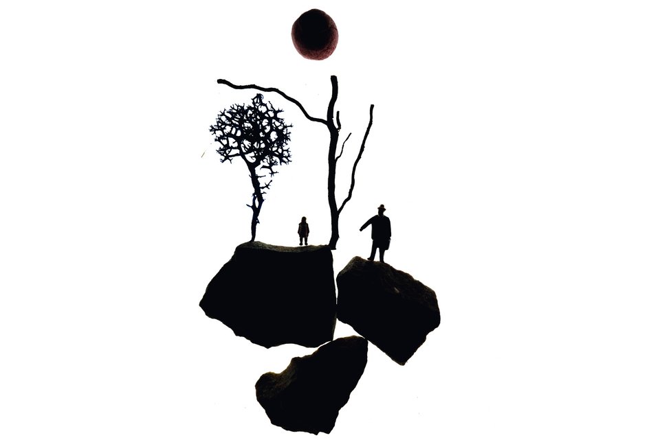 Die Illustration zeigt drei Felsen und auf je einen Felsen steht ein Mann und eine Frau, während bei der Frau noch Bäume sind, bricht der Felsbrocken mit dem Mann ab