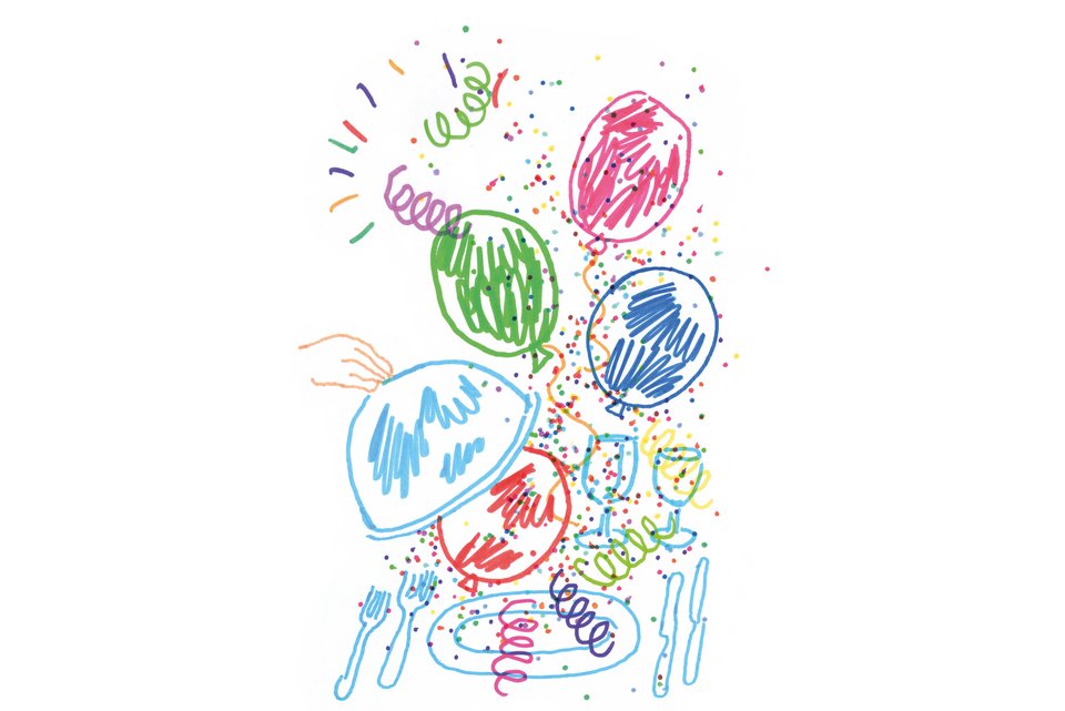 Die Illustration zeigt einen gedeckten Tisch über dem Luftballons und Konfetti schweben.
