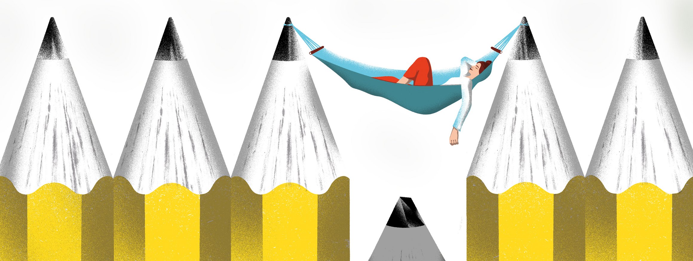 Die Illustration zeigt eine Frau, die in einer Hängematte chillt, die an Bleistiftspitzen aufgehängt ist.