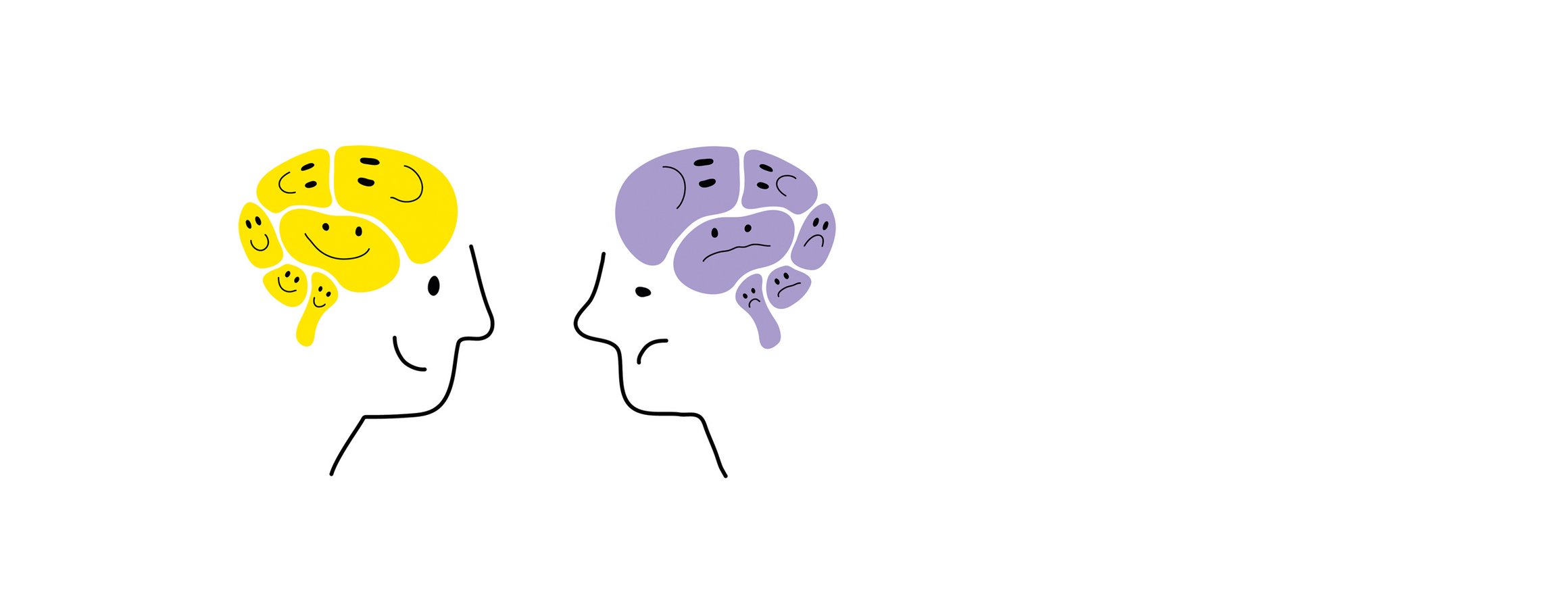 Die Illustration zeigt einen fröhlichen und einen traurigen Kopf, in denen jeweils ein Gehirn mit lächelnden und traurigen Gesichtern zu sehen sind