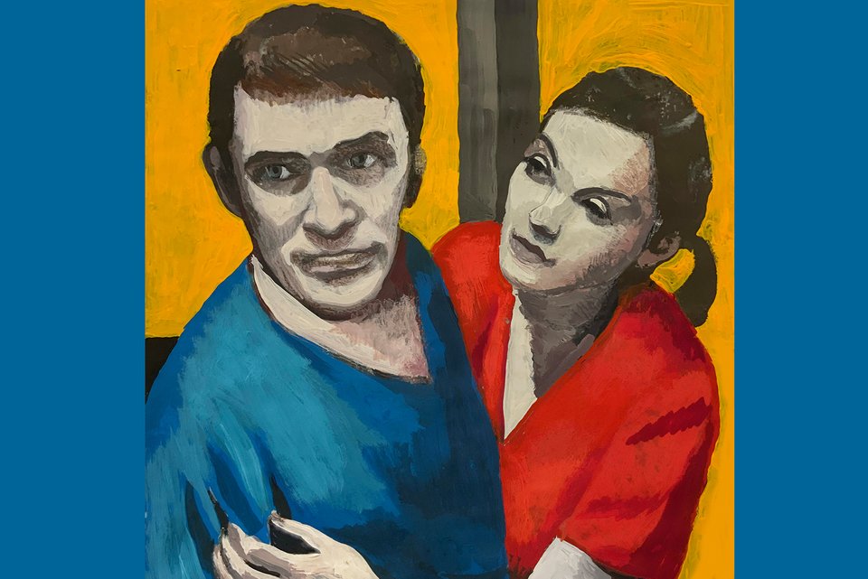 Das Gemälde zeigt einen aufgebrachten Mann, der von einer Frau beschwichtigt wird