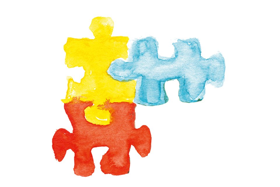 Ein zusammengesetztes Puzzle aus drei Teilen, in den Farben gelb, blau und rot