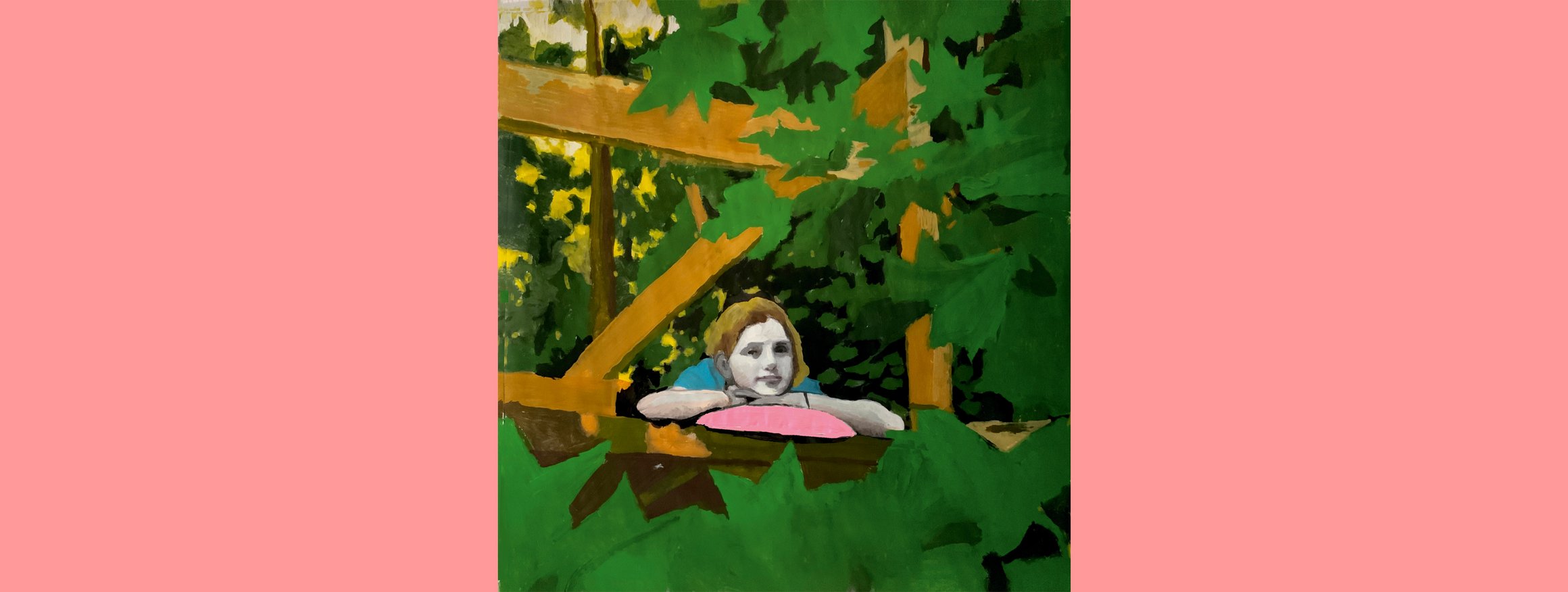 Das Gemälde zeigt ein Mädchen, dass mit einem rosa Kissen seinen Hände und Kopf auf einem Gartenzaun gelegt hat und verträumt in den grünen Blätterwald schaut