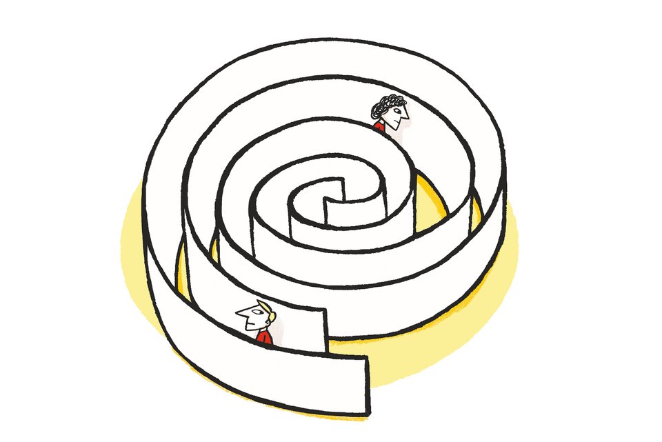 Die Illustration zeigt ein Paar, das in Abstand zueinander, in einer Schnecke in das Innere läuft, ohne Ausweg.