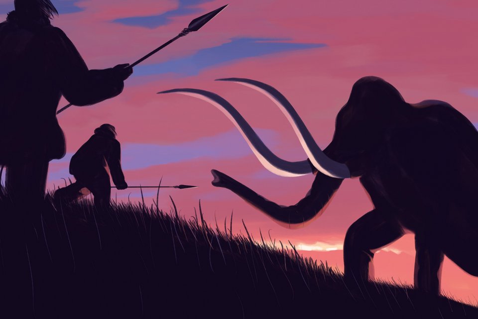 Die Illustration zeigt urzeitliche Menschen, die mit Speeren ein Mammut angreifen