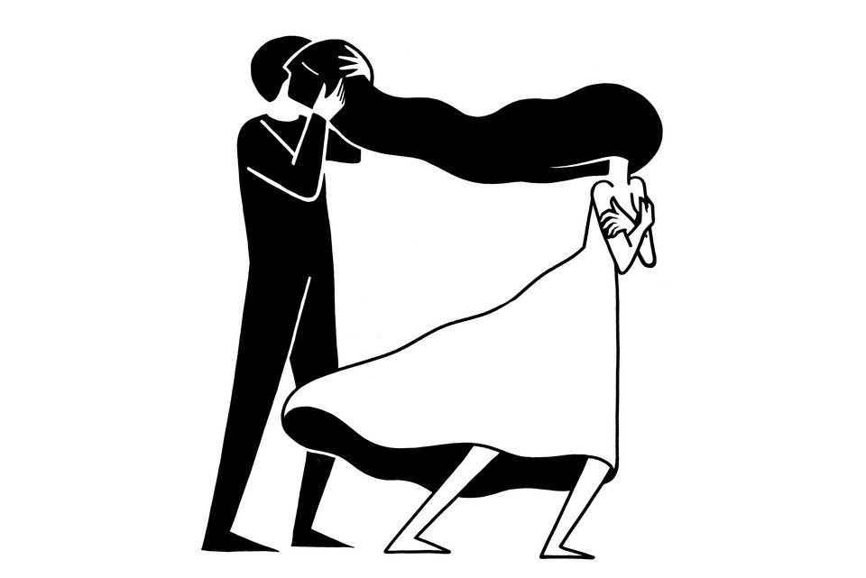 Die Illustration zeigt eine Frau, die einen Mann küsst und sich gleichzeitig abwendet, da sie zwanghaft an der Liebesbeziehung zweifelt