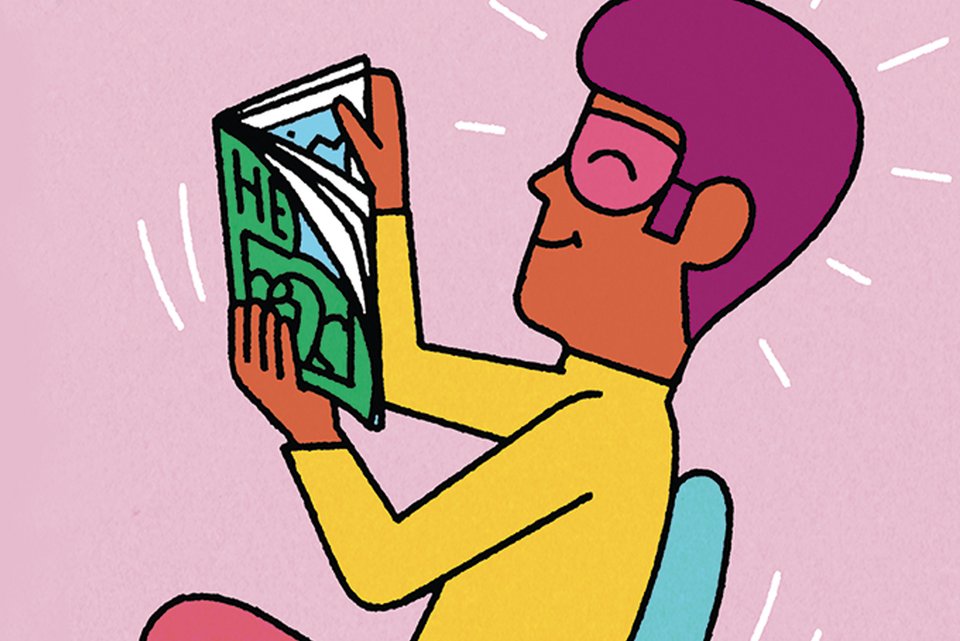 Die Illustration zeigt einen Mann mit Brille, der vergnügt in einer Zeitschrift blättert